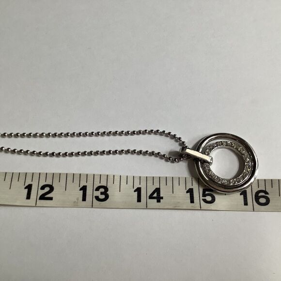 Cookie Lee Silver Tone 2 Circle Hoop RhinestonePendant Necklace 32" total - Picture 6 of 10